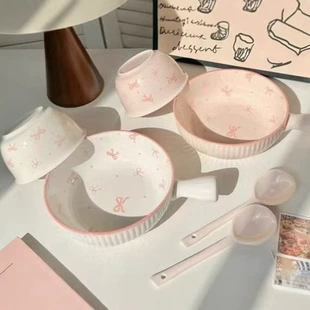 Tableware Set (Cute) with Bow Accent, Ceramic Dinnerware, Multiple Sizes 4.5–8.5 in