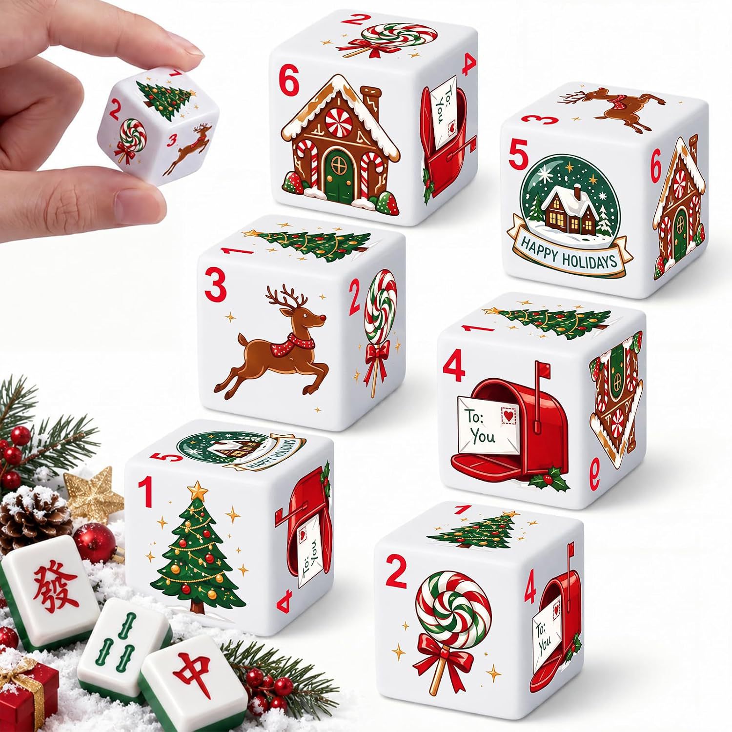 MAJH DICE Hot Selling for Foreign Trade 6pcs Christmas Mahjong Dice 25th Square Corner White Mahjong Dice UV