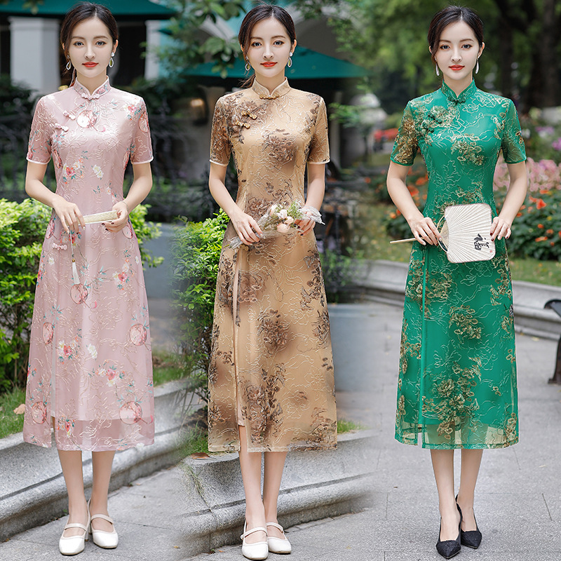 Summer New Long Double Layer Modified Cheongsam Mesh Embroidery Mother Wear Daily Cheongsam Dress Wholesale