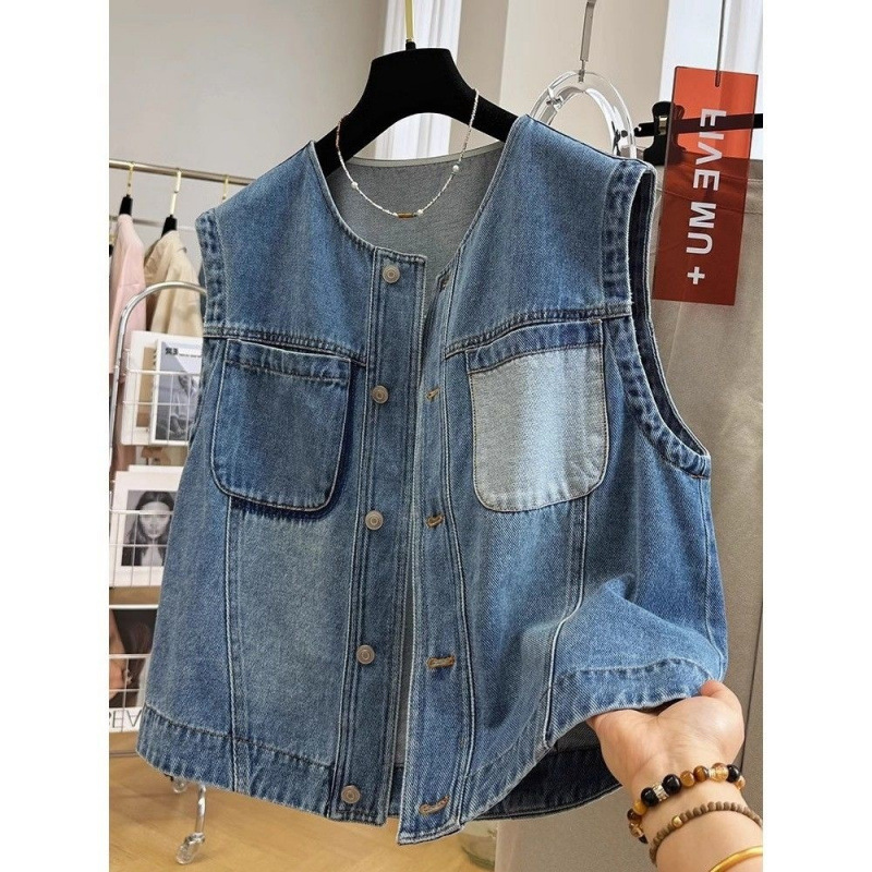 Korean-style fashionable and trendy color-blocked pocket layered denim vest for men and women, loose sleeveless outerwear for spring