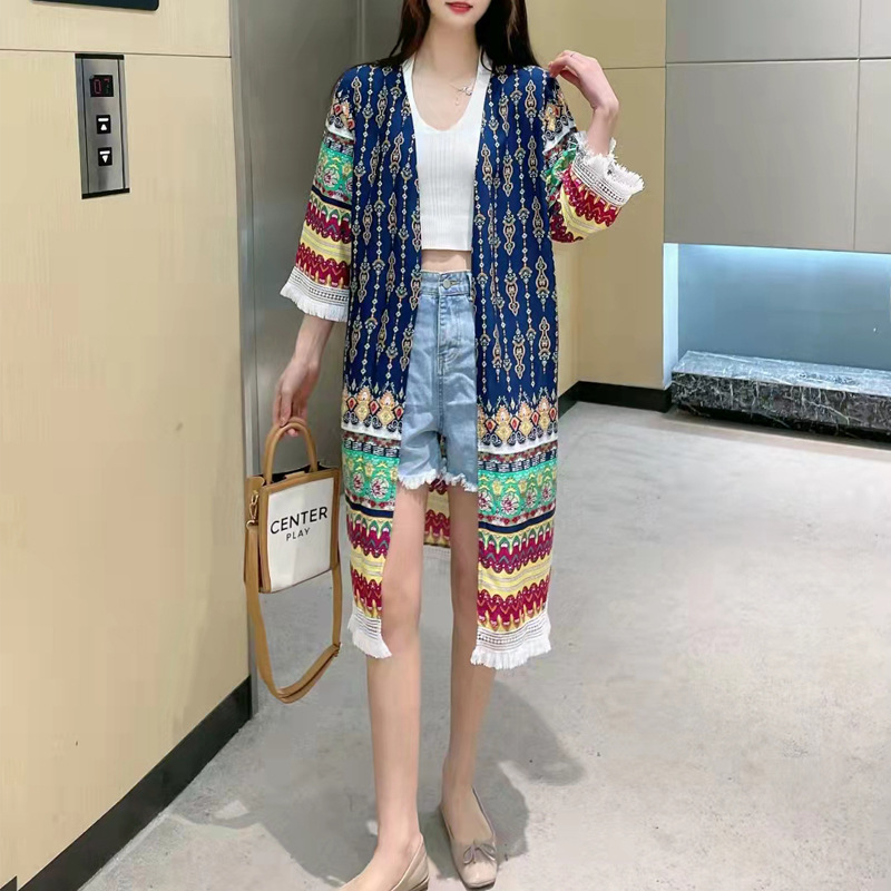 New Holiday Style Beach Sun-protective Clothing Women's Ethnic Style Printed Shawl Jacket Retro Mid-length Cardigan dress