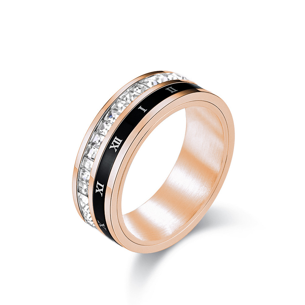 R06040 Rose Gold Roman Square Diamond Turning Ring
