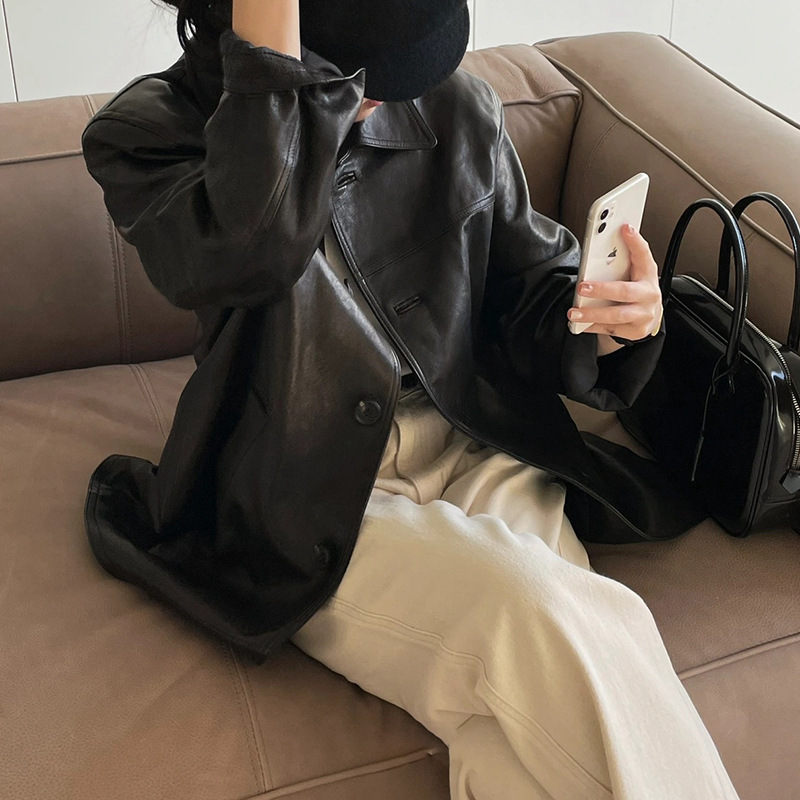 Leather Coat Women's Mid-length leather fashionable high-grade sheepskin trench coat simple retro barnnett South Korea