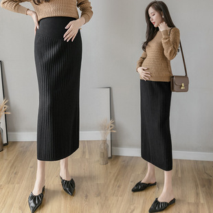 Real shot pregnant women's knitted skirt autumn new long hip belly-supporting one-step skirt