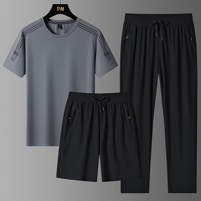 Hombres delgados de tamaño grande juego deportivo de hielo camiseta de cuello redondo suelta secado rápido mangas cortas pantalones cortos 3 piezas al por mayor