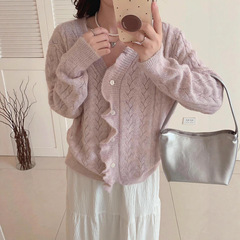 韩系甜美风针织开衫菱形镂空花纹木耳边单排扣春秋季针织衫毛衣女