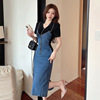 Short sleeved contrasting color fake two-piece denim casual women's hip wrapped dress