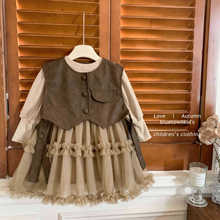 女童连衣裙套装秋新款2025韩版洋气女宝宝皮马甲打的网纱公主裙