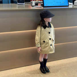 儿童英伦风复古2025男女童中性款撞色黑领双口袋中长款风衣外套潮