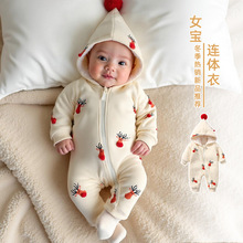 婴儿秋冬衣服连体衣圣诞加绒男女宝宝长袖保暖拉链衫外出新年爬服
