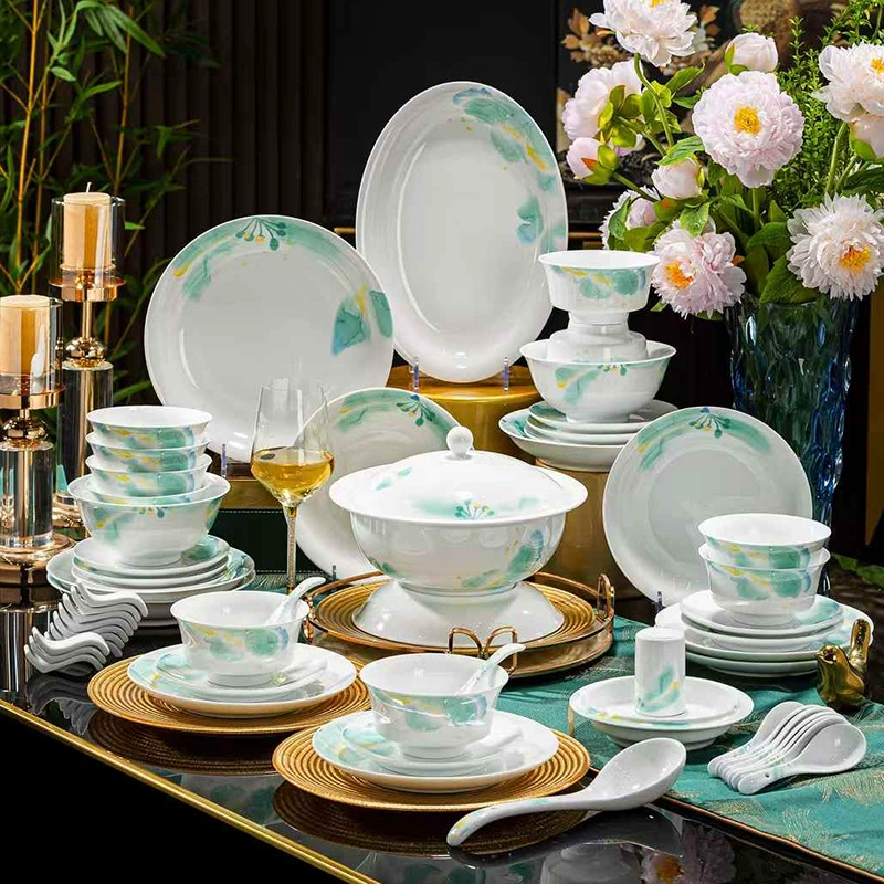 Новинки Jingdezhen чаши белой керамики при высокой температуре, набор из 68 головок цветущие миски, тарелки и ложки комплект подарочной коробки с новосельем