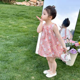 夏装碎花裙2026洋气新款女宝宝小兔子耳朵田园风花苞裙可爱连衣裙