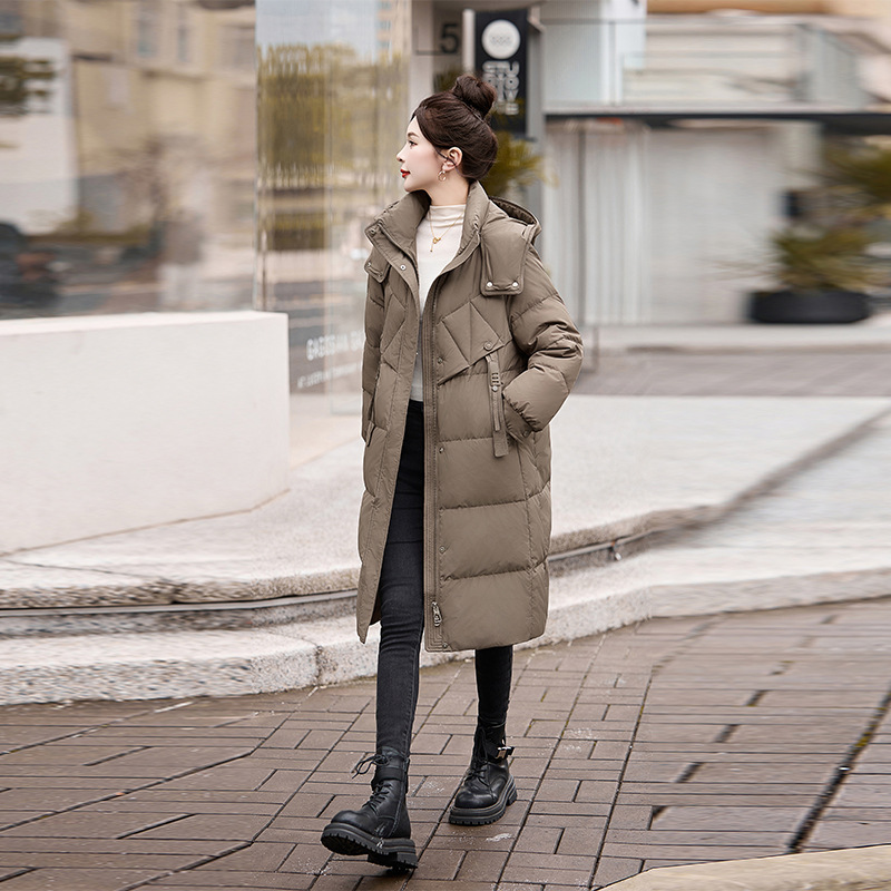 2025 Korean Style Winter New Style Waist Hooded Fashionable down Jacket Long Knee-Length Loose 90 White Duck down Jacket