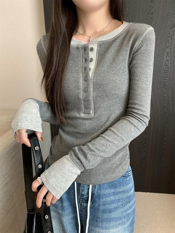 美式复古撞色针织T恤女冬季新款长袖内搭打底衫修身短款圆领上衣|undefined