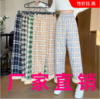 小个子阔腿裤秋冬女款加绒羊羔绒格子裤女高腰直筒裤女垂坠感裤子