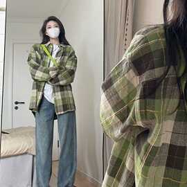 大码美式复古格子衬衫女春秋新款设计感小众宽松显瘦衬衣叠穿外套
