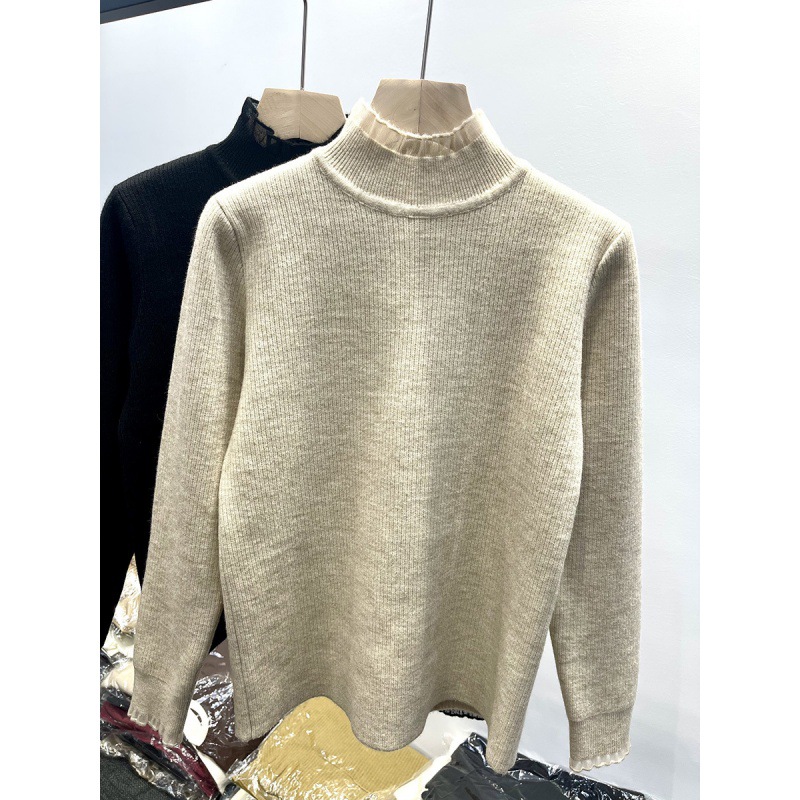 KANING medio cuello alto forrado de lana engrosada suéter mujeres Otoño e Invierno borde de encaje de una pieza de terciopelo de punto camisa de fondo