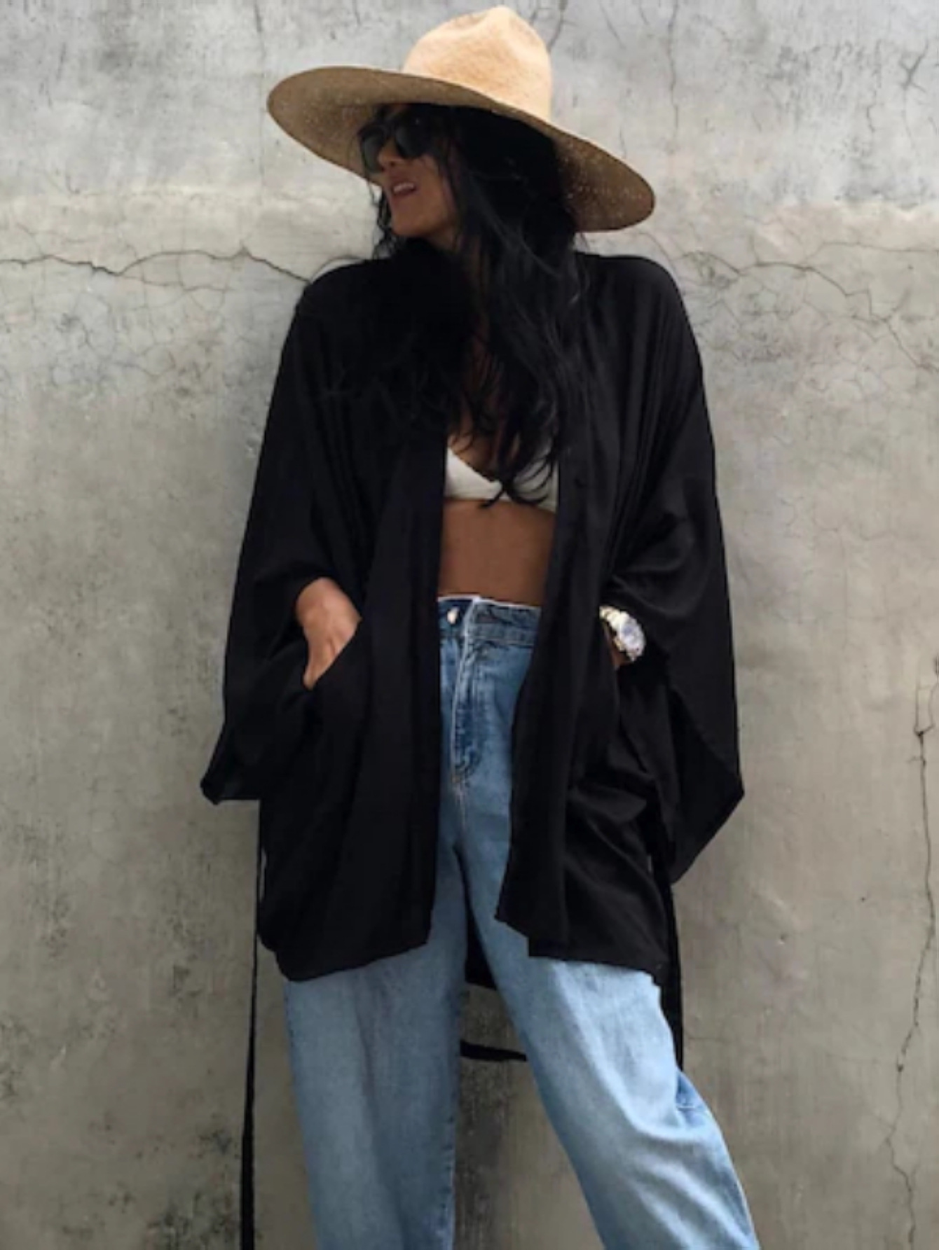 2025 nueva camiseta de algodón europea y americana Kimono multifuncional camiseta suelta camiseta protector solar vacaciones frente al mar buñuelo M0003