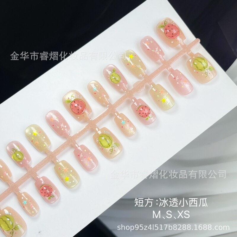Custard Ice Transparent Little Watermelon Wearable Nails Cute Little Fresh Short Manicure Patch Girl Sweet and White