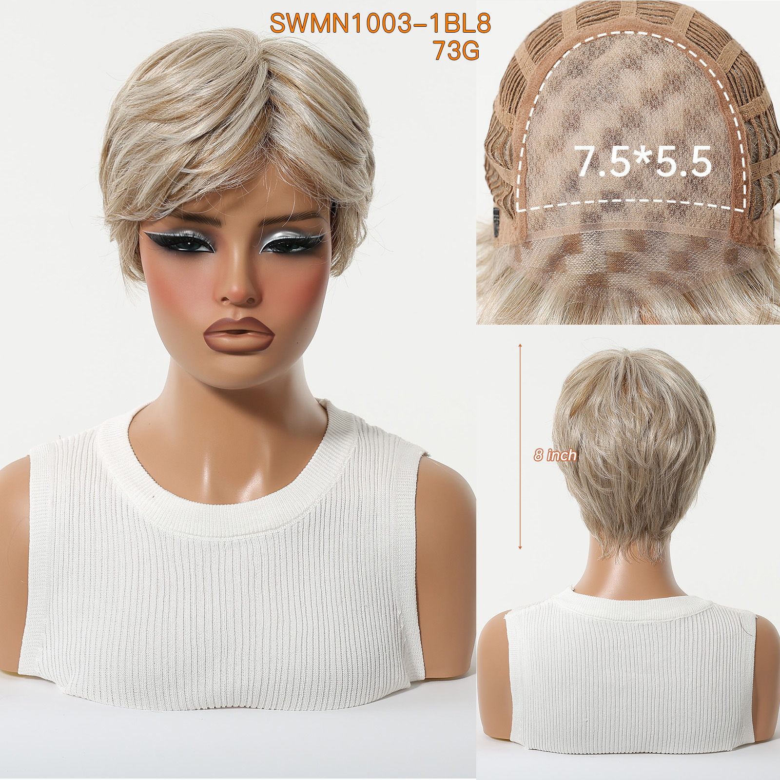 Toda la peluca importada mono de seda es natural, realista, transpirable, dorada, ultracorta, peluca Europea y estadounidense, juego completo de wigs para mujeres.
