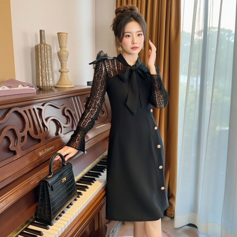 200斤超大码女装胖妹妹2025秋季加大加肥长袖显瘦蕾丝拼接连衣裙，女装大码女装，变形策服饰