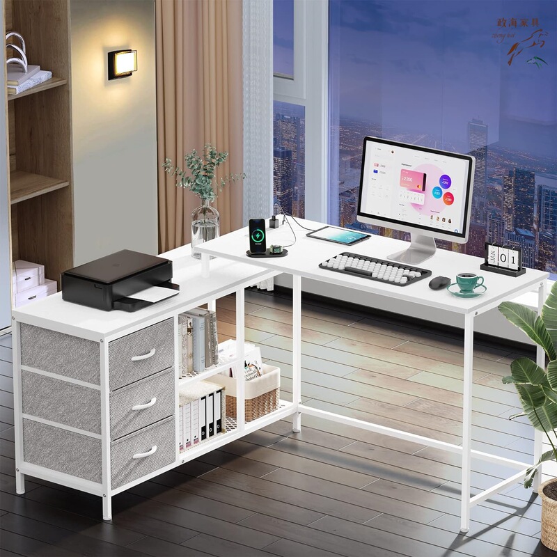 L-Shaped Computer Desk with USB and Power Outlets, Non-Woven Fabric Drawers, Steel Frame, Modern Minimalist Office Desk for Home Use