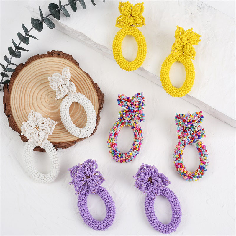 Bohemian Geometric Woven Flower Rice Bead Earrings display picture 2