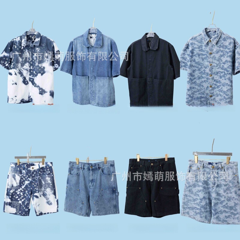 Cross-Border. Authentic Version. Lv g Brand 26Ss Foreign Trade Spring/Summer New Heavy-Duty Workwear Denim Short-Sleeve Shorts