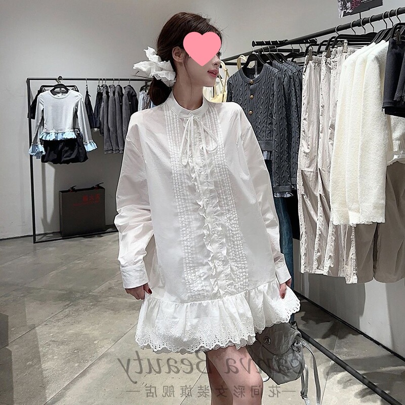French Design Ruffled Lace Splicing White Shirt 2025 Spring New Lace Loose Stand-Up Collar Shirt Skirt