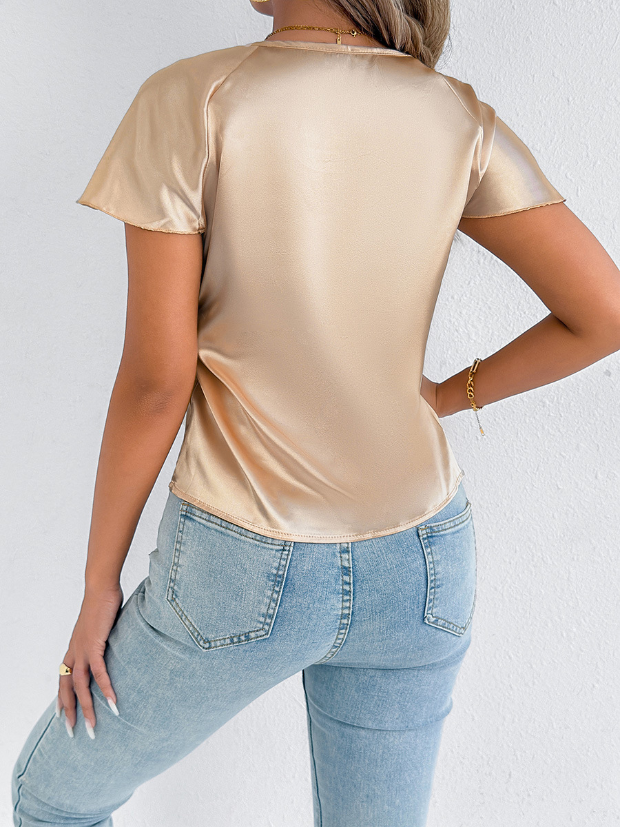 Camiseta de verano de satén de mujer europea y americana de tiro real, camisa de seda de imitación satinada de comercio exterior de alta gama de manga corta, Europa y América