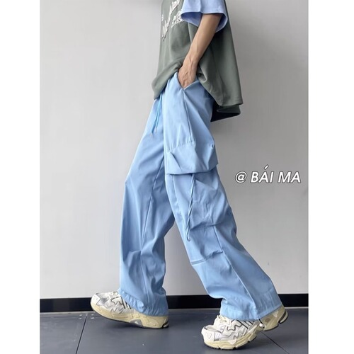 Workwear Pants for Men - Summer Thin Model, American Style Fashion Brand, Quick-Drying, Loose Fit, Youth Sports, Ice Silk, Draping, Casual Long Pants