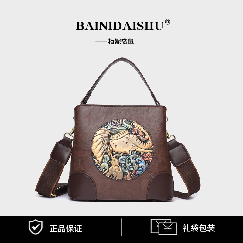 レトロなエスニック風ハンドバッグ、新型エンボス加工の吉祥象柄、大容量ショルダーバッグ、高級斜め掛けバッグ|undefined