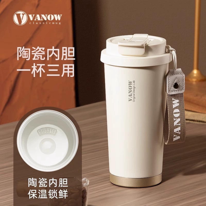 British vanow taza de café taza de vacío de alta apariencia de la muchacha revestimiento de cerámica de acero inoxidable portátil de paja taza de agua