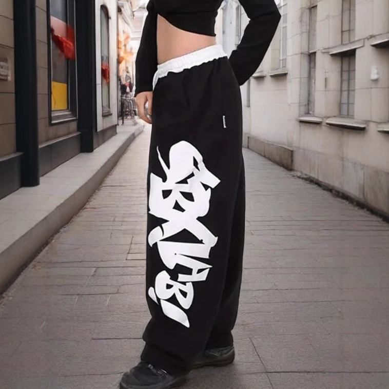 Cross-Border Hot Selling Y2K Women's Letter Printed Black Jogging Pants Straight Sports Pants with Drawstring Autumn and Winter Style
