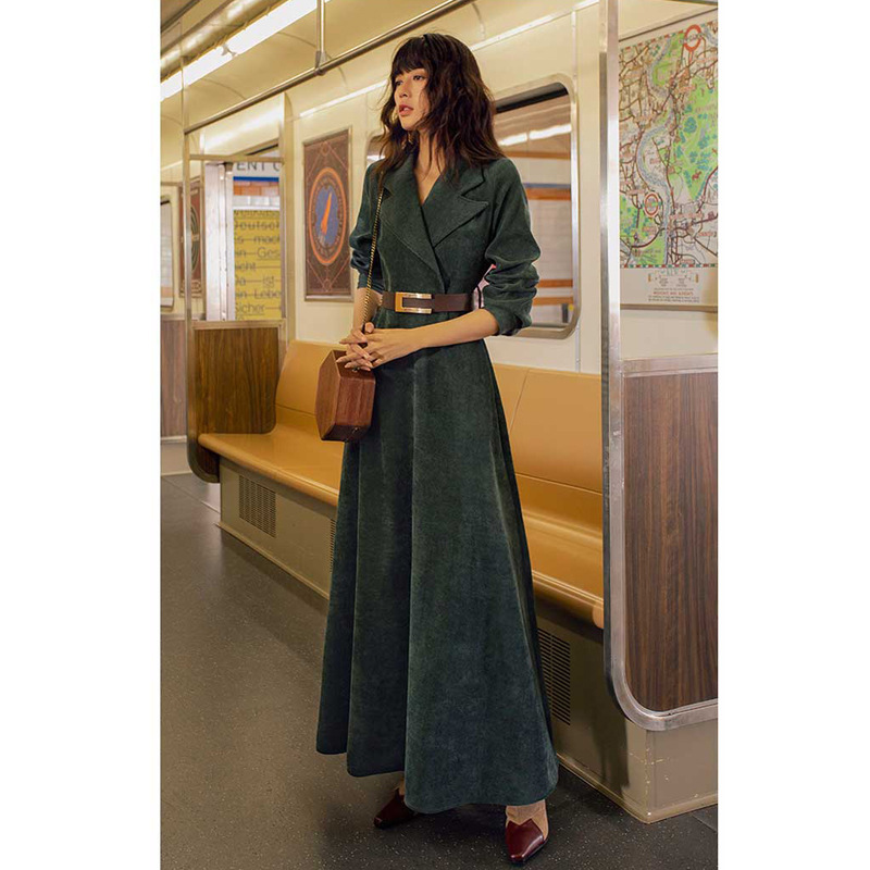 2024 French Retro Dress Women's Spring Autumn Winter Corduroy Suit Collar Slim Waist Temperament Corduroy Long Skirt