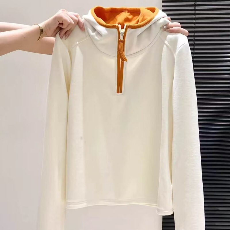 Ribbed Velvet 1*1 270g Tmall Douyin Quality~American Retro Color-Blocking Hoodie Half-Zip Sweatshirt