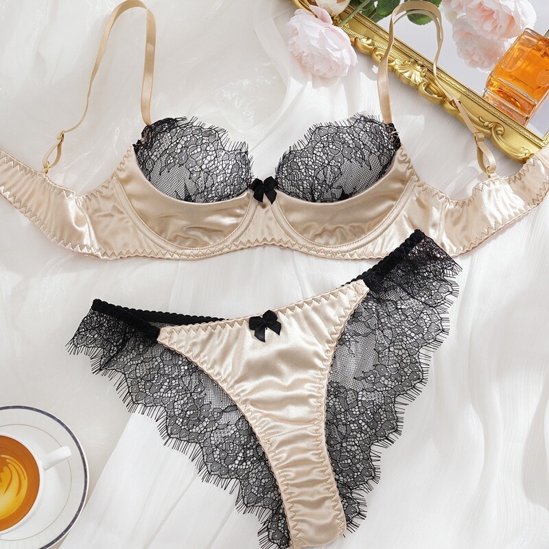 Russia's Popular Pure Black Lace Splicing French Satin Sexy Bow Exquisite Women's Bra Set