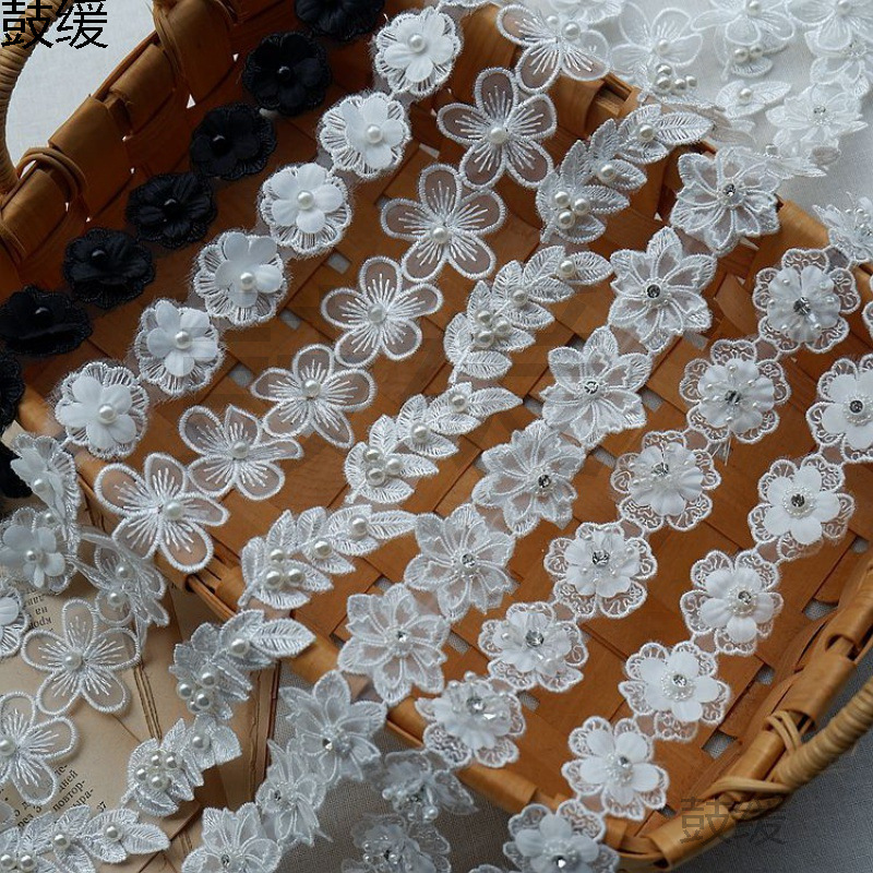 批发款出口精美网纱涤纶刺绣珠珠蕾丝花朵 材料饰品项链婚纱辅料