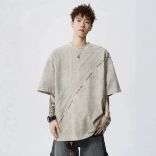 美式扎染印花圆领T恤男夏季潮牌解构情侣上衣设计感百搭休闲短袖