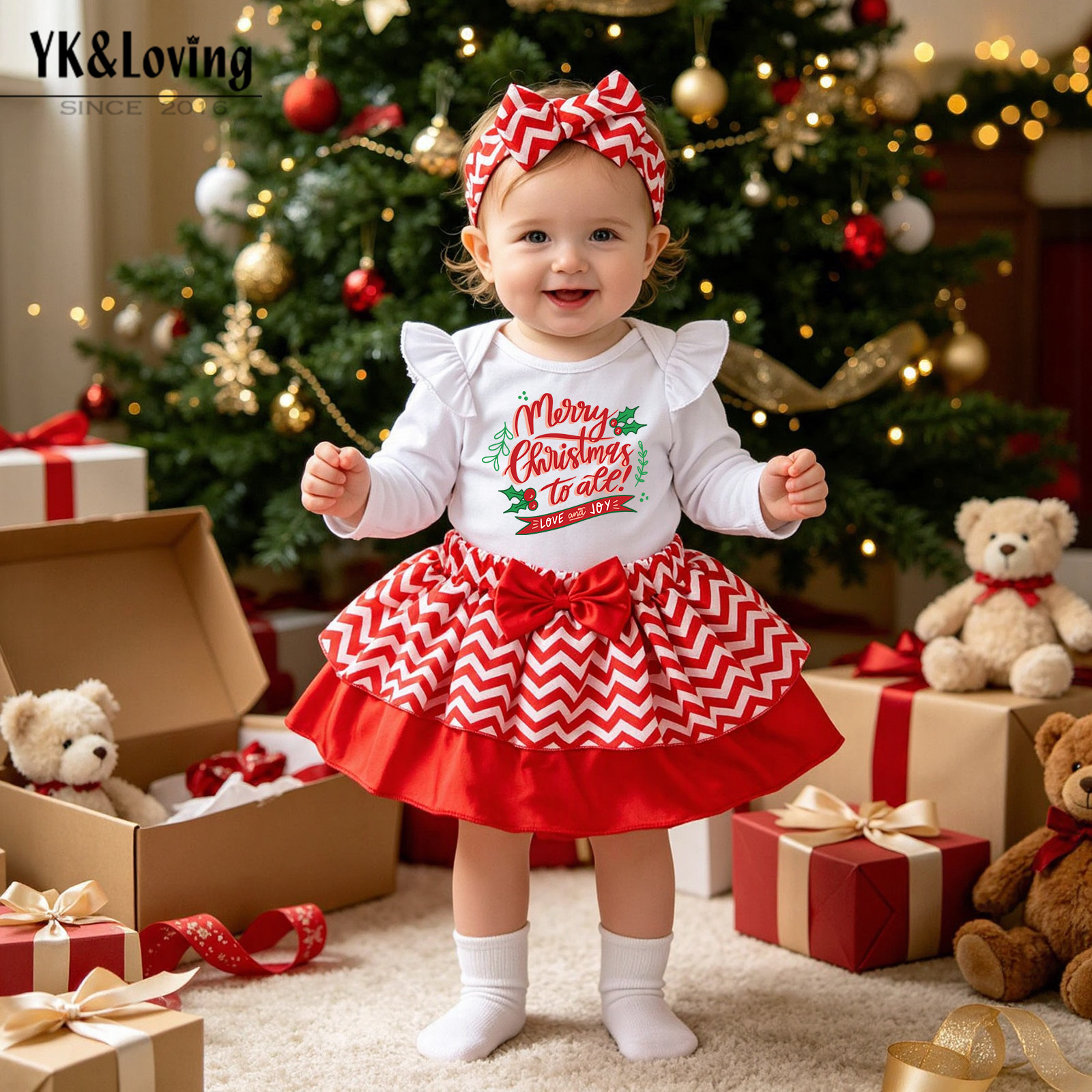 Cross-border baby girl Christmas outfit 2026 autumn and winter new long-sleeve romper, wavy skirt, and hair accessory three-piece set