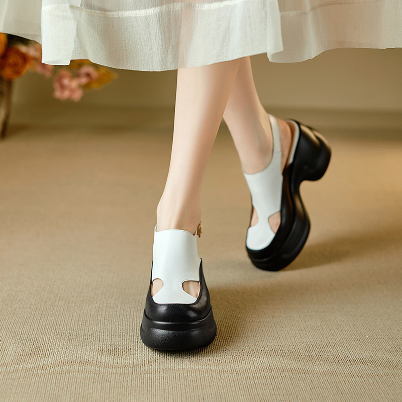 Sandal nữ cao gót đế xuồng platform mũi kín phong cách La Mã, gót 9.5 cm — màu đen, màu trắng