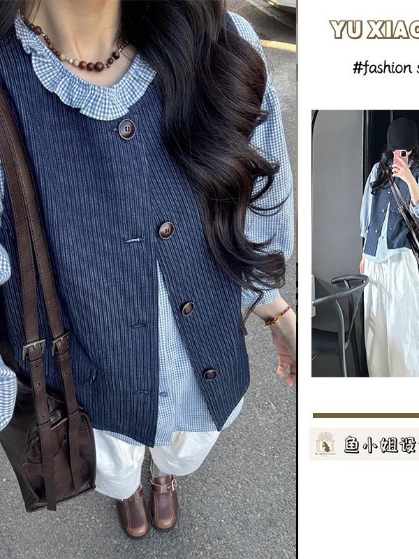 韩版学院风复古蓝色牛仔马甲外套女学生搭配长袖格纹衬衫两件套装|undefined