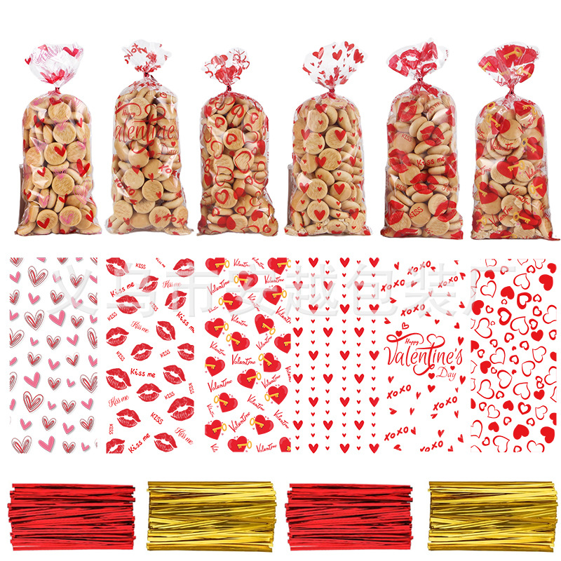 Nueva bolsa de embalaje de dulces de San Valentín múltiples imágenes de amor OPP boca plana Día de San Valentín celofán bolsa de regalo de dulces