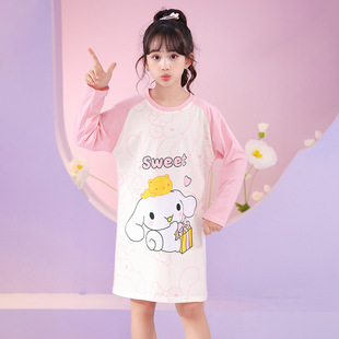 Girls' nightdress cotton thin long-sleeved little girl spring and autumn medium and big Children Baby Princess dress cartoon home wear