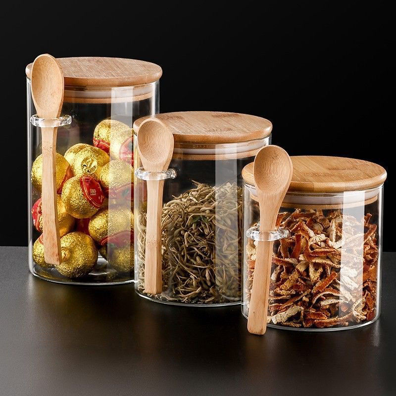 Tanque de sellado de vidrio transparente de alto borosilicato con tapa de granos granos granos de café lata de almacenamiento de vidrio lata de té impresa logotipo