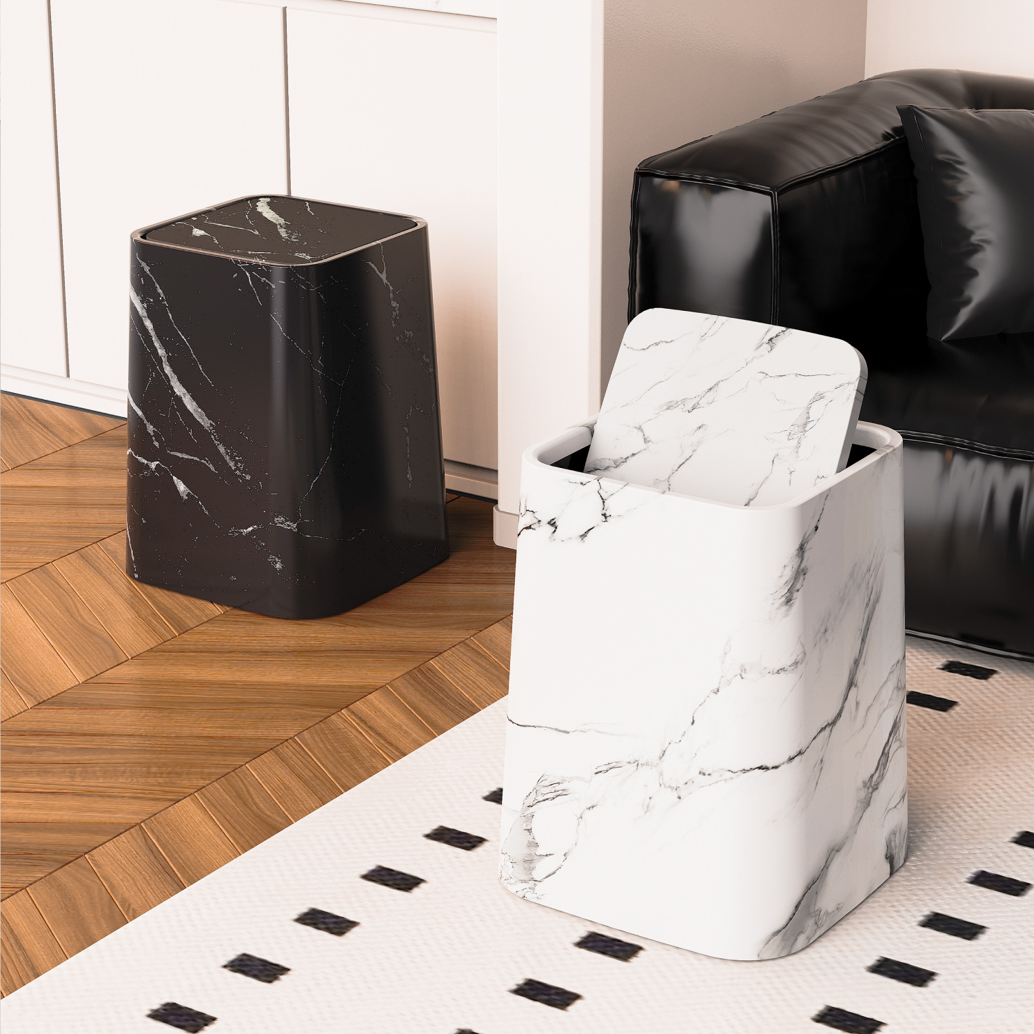 2025 New Style Famous Hotel Trash Can with Lid Living Room Bathroom Marble Pattern Square Trash Can for Home Use