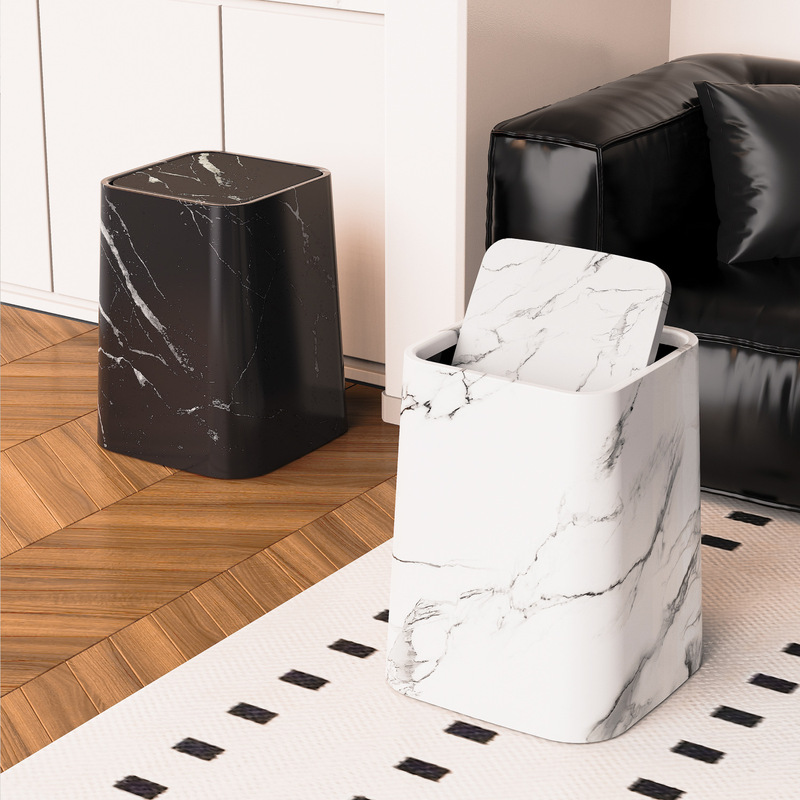 2025 New Style Famous Hotel Trash Can with Lid Living Room Bathroom Marble Pattern Square Trash Can for Home Use