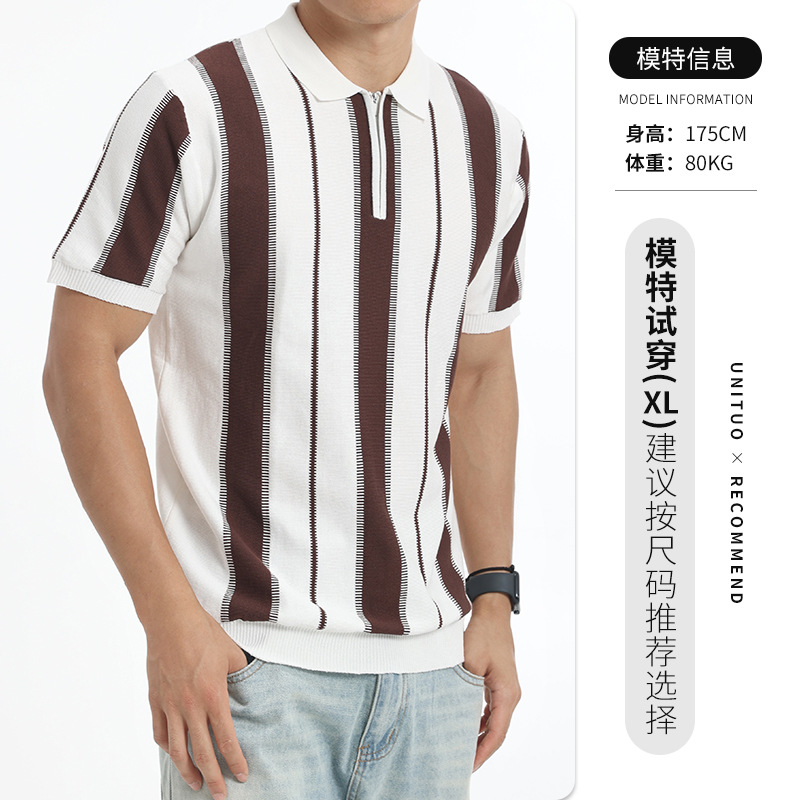 Verano Europa y América rayas verticales hielo tejedido polo camisa de hombre manga corta semia cremallera solapa contraste de color hombre de negocios