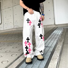 2025新款克罗伈牛仔裤男十字架粉皮刺绣白色裤子宽松直筒休闲裤夏