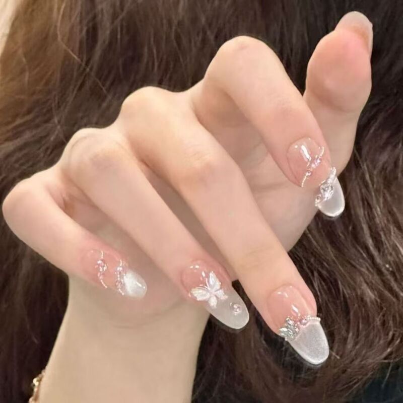 Double Chain Ice Transparent Metal Butterfly Kitty Pure Desire Ins Classy Cat Eye Nail Stickers Wearable Nail Finished Patch